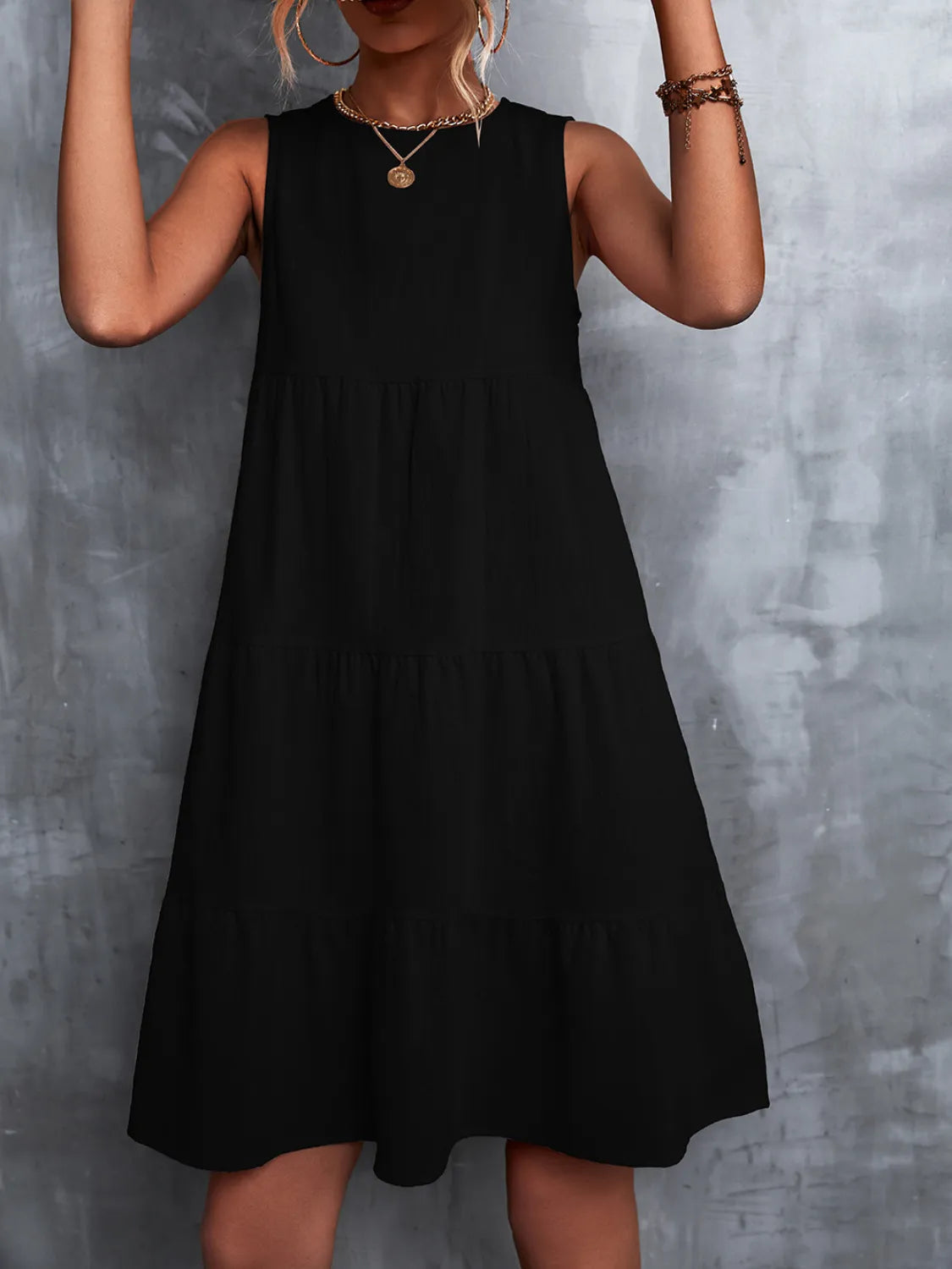 Tiered Round Neck Sleeveless Mini Tank Dress  Shop One Place