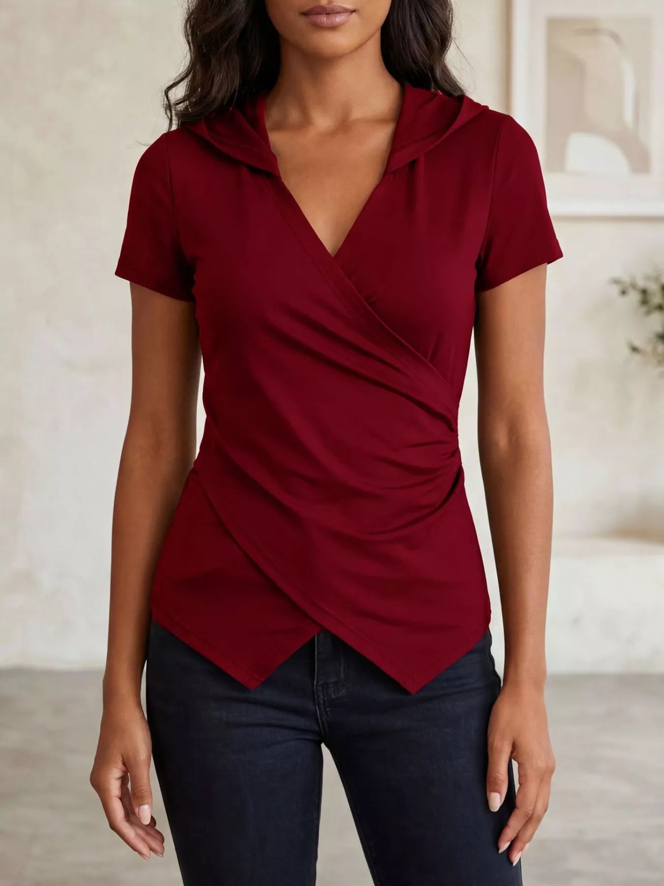 Hooded Wrap Front Slim Fit Top  Shop One Place