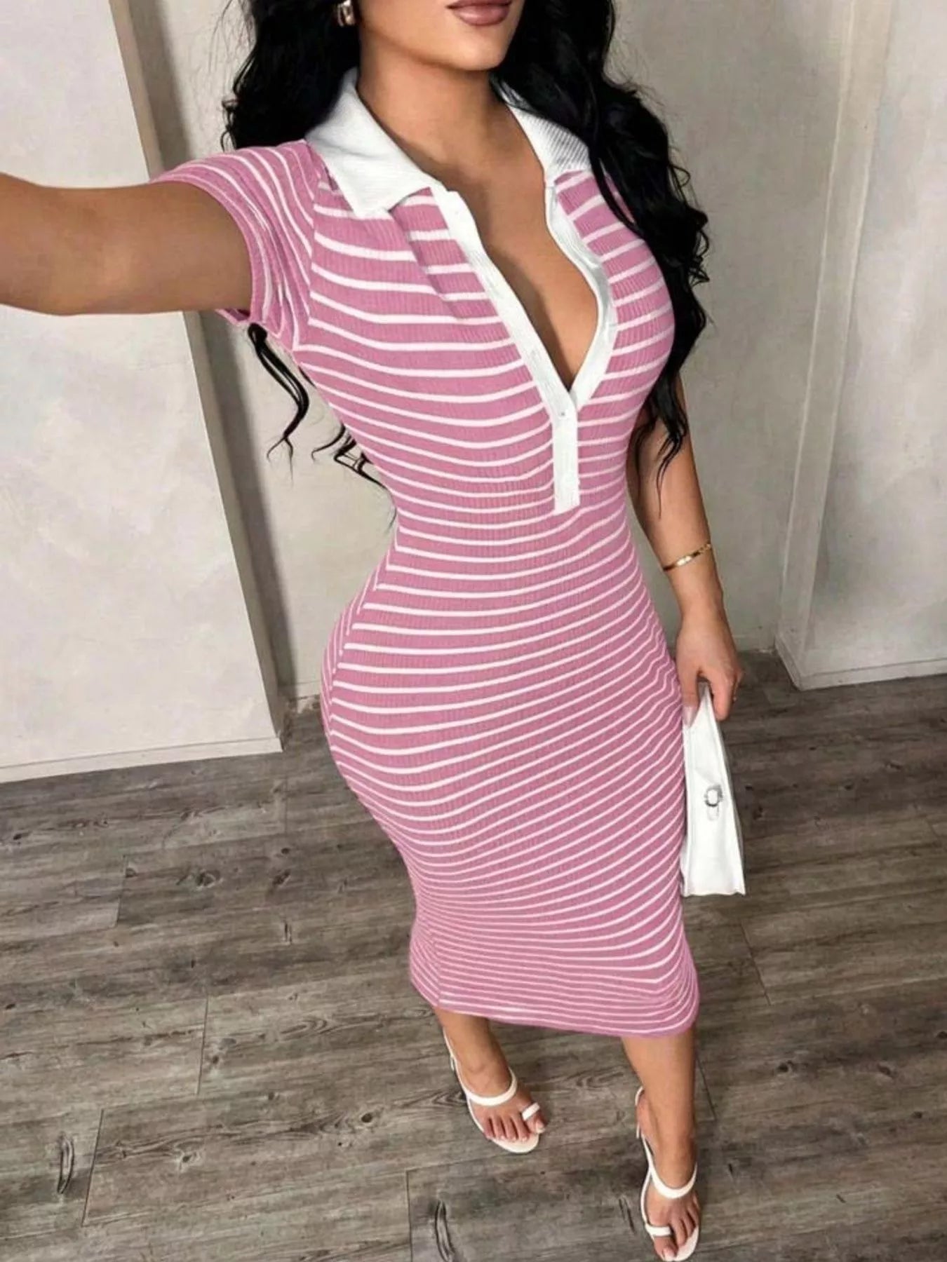 Striped Polo Collar Midi Dress  Shop One Place