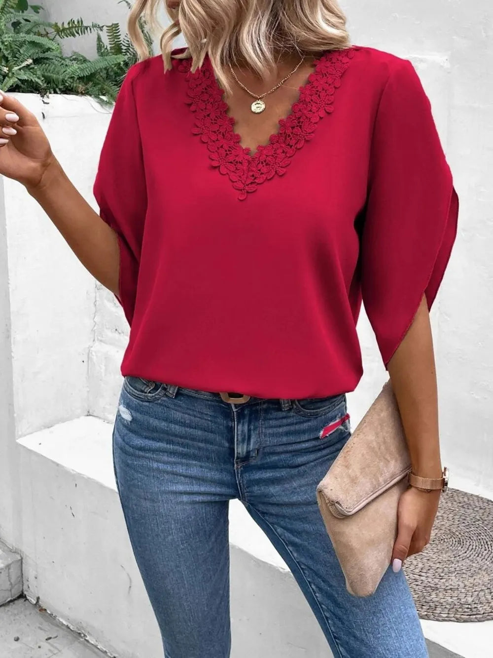 Lace Detail V-Neck Half Sleeve Blouse  Shop One Place