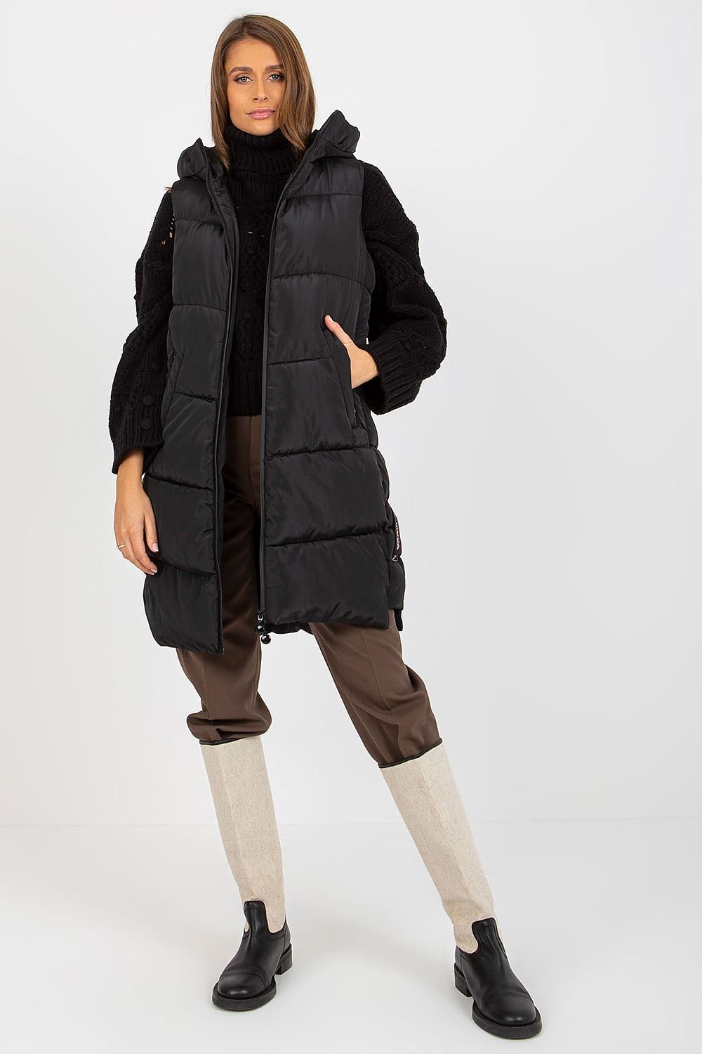 Stylish Down Vest with Hood Side Slip-in Pockets