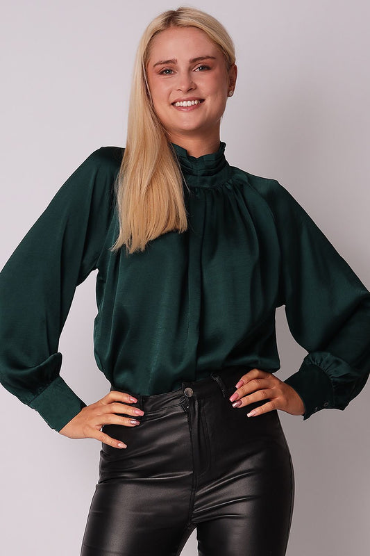 Women's Satin Blouse - Long Sleeve and Stand-Up Collar