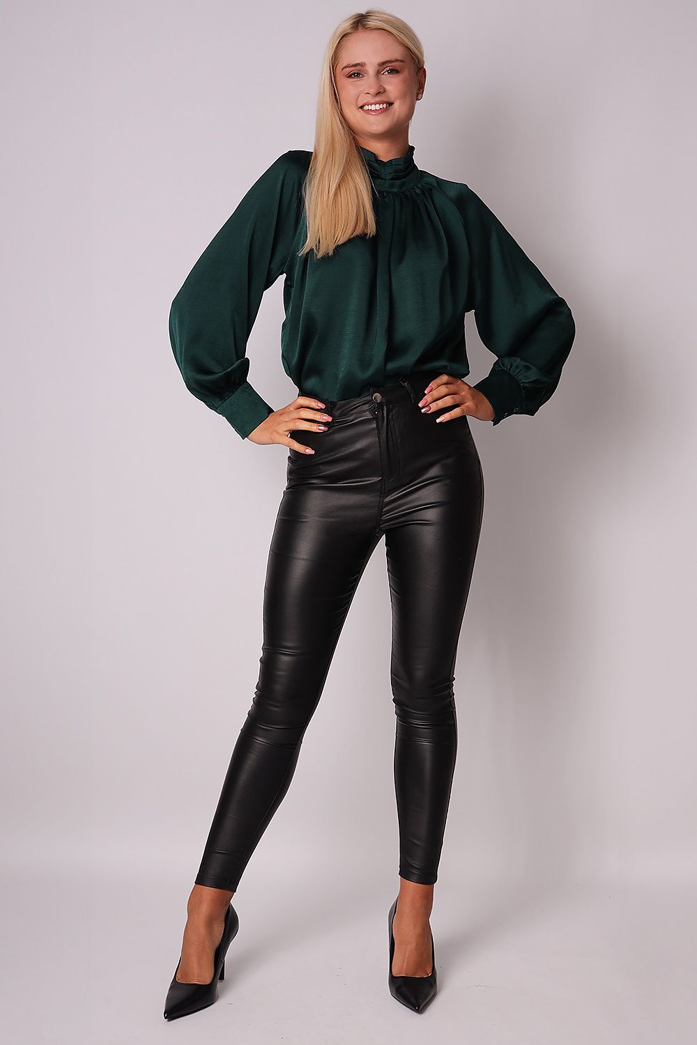 Women's Satin Blouse - Long Sleeve and Stand-Up Collar