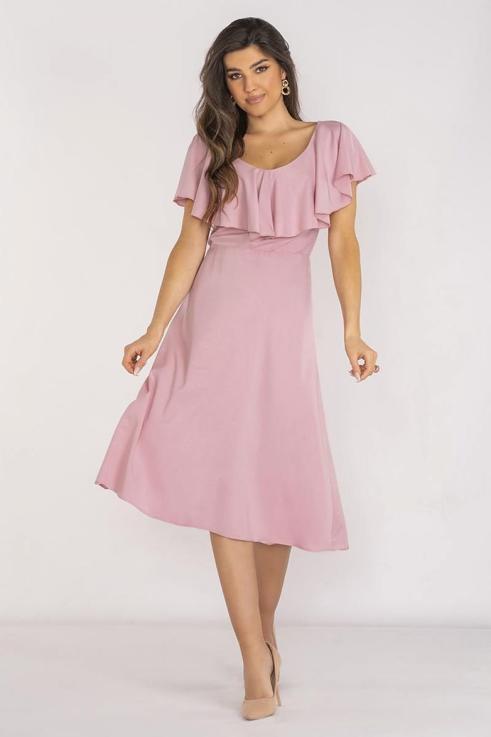 Awama Elegant Ruffle Neckline Dress