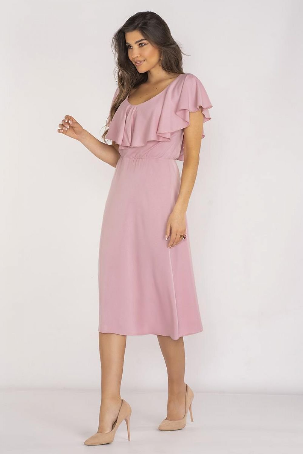 Awama Elegant Ruffle Neckline Dress