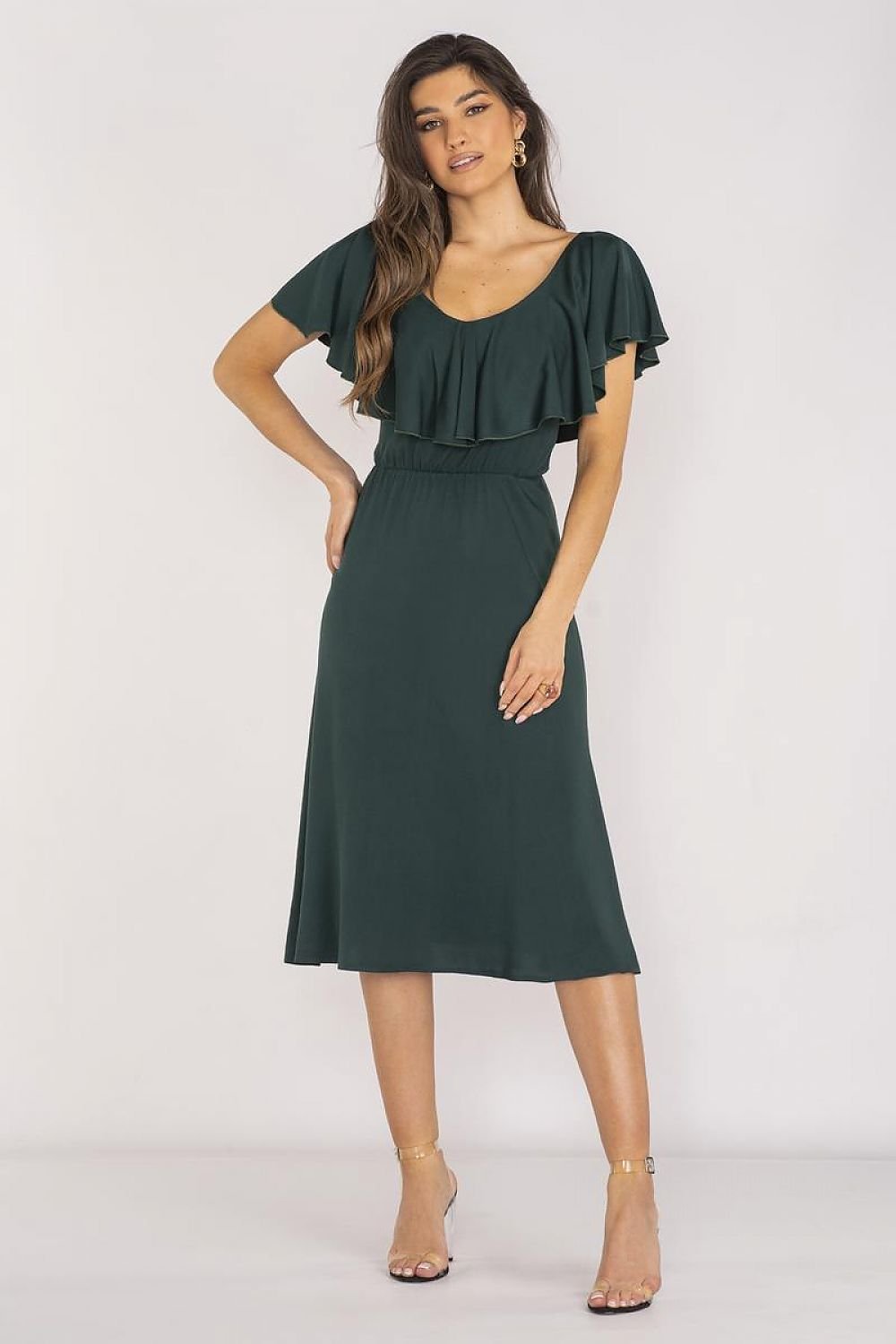 Awama Elegant Ruffle Neckline Dress