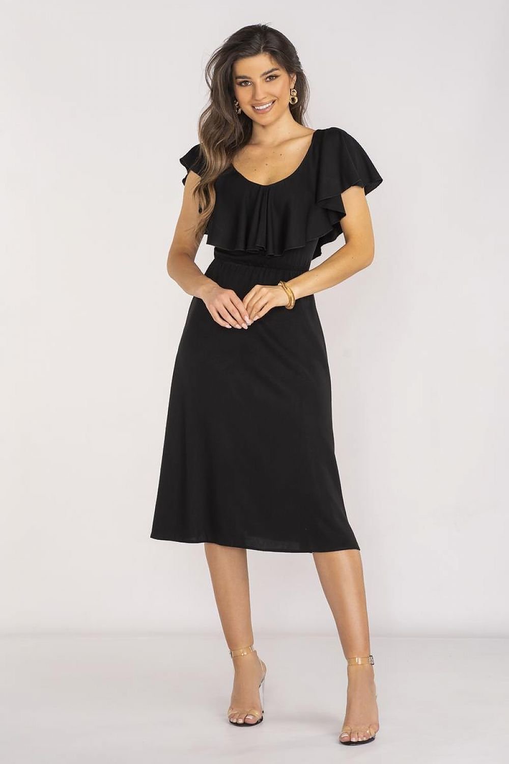 Awama Elegant Ruffle Neckline Dress