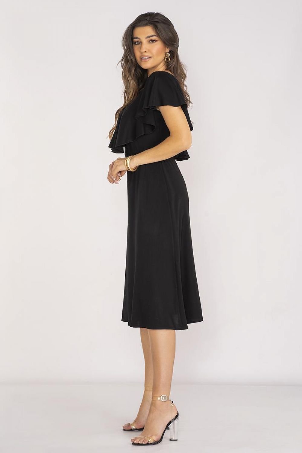 Awama Elegant Ruffle Neckline Dress