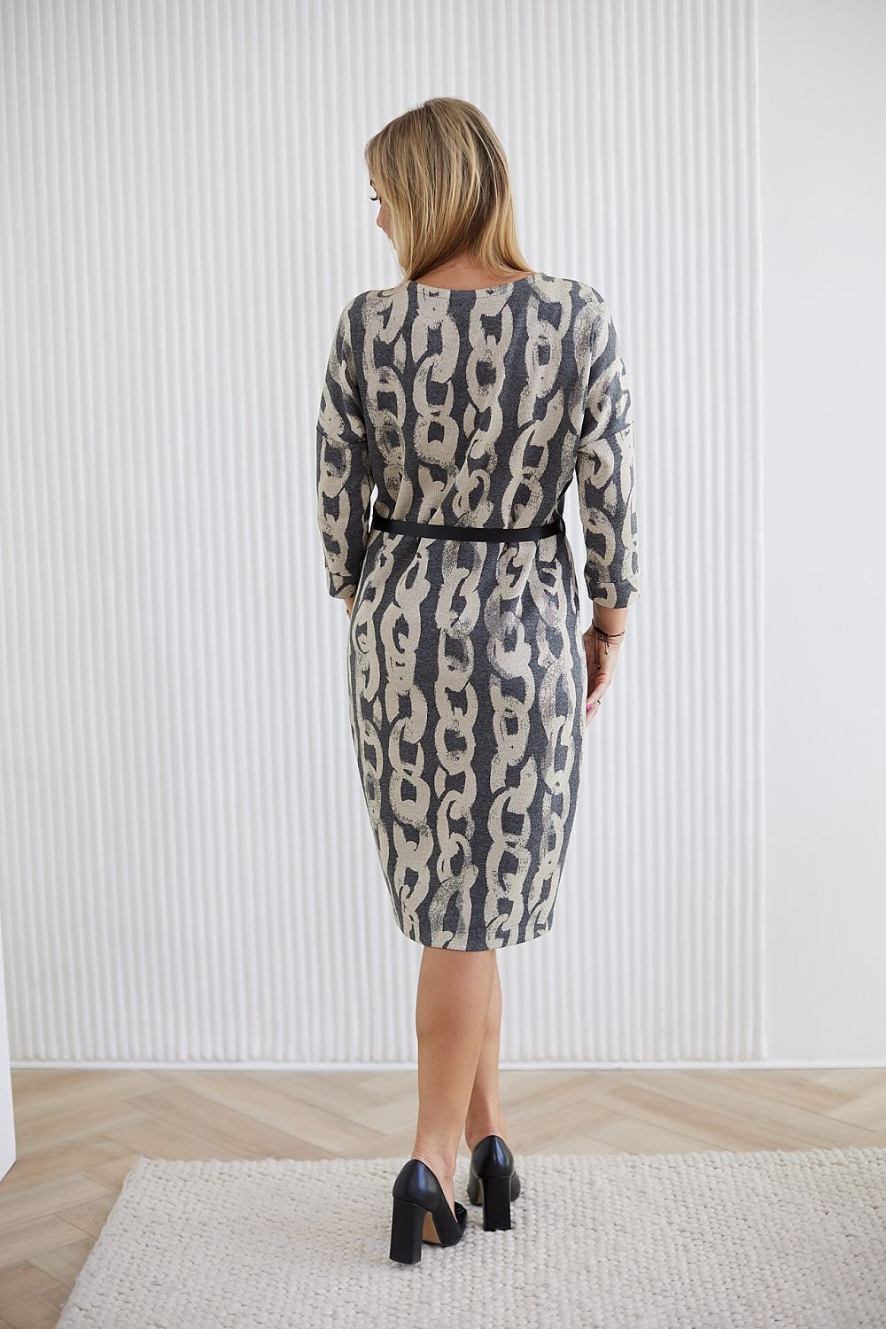 Sophisticated Jacquard Knit Dress with Kimono Top