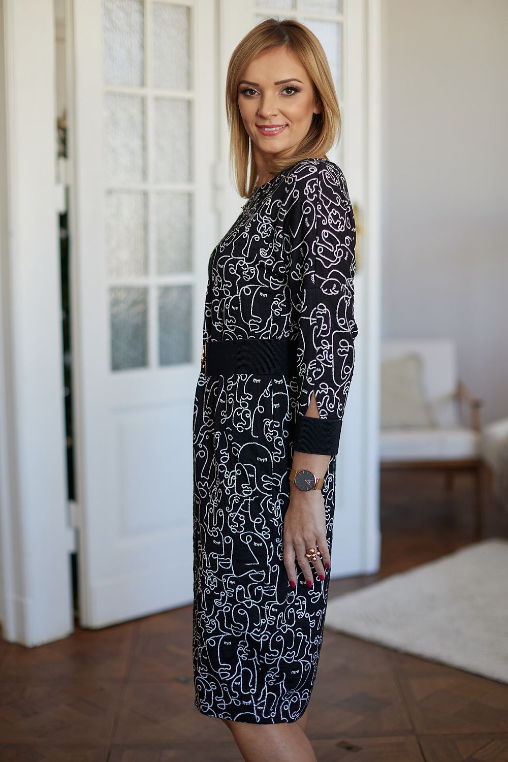 Sophisticated Jacquard Knit Dress with Kimono Top