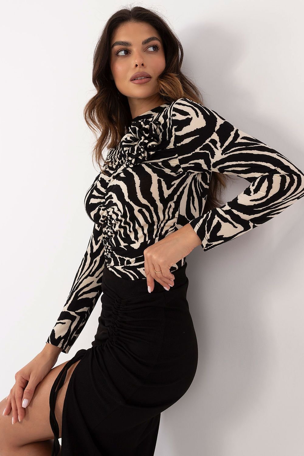 Animal Print Blouse with Decorative Flower