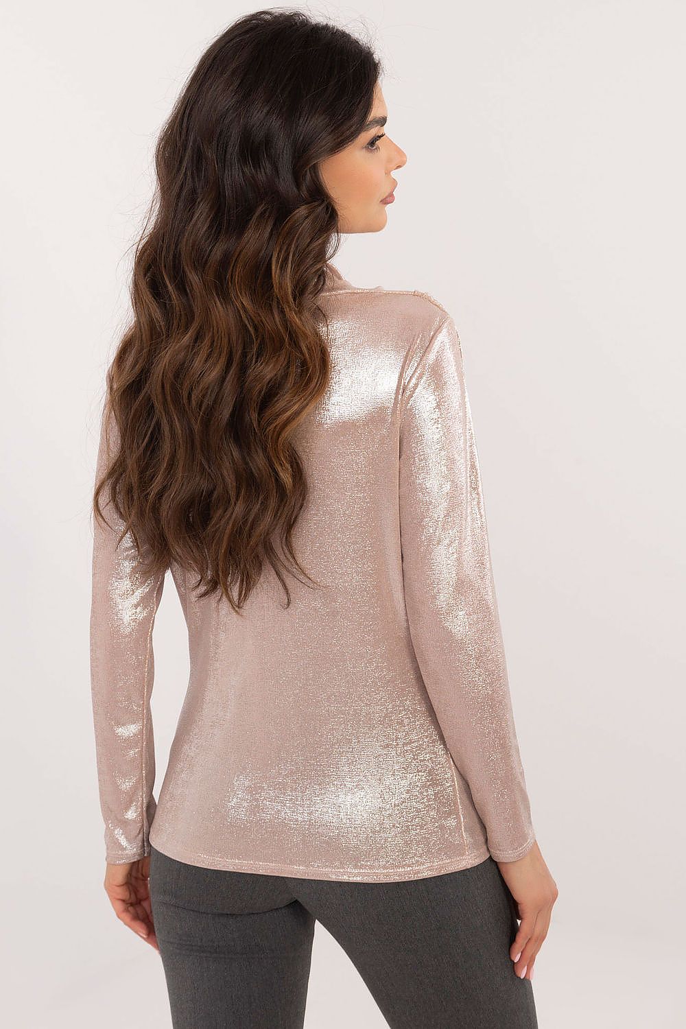 Shimmering Long-Sleeve Blouse with Pleated Detail