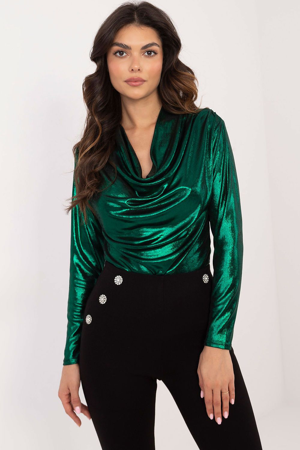 Shimmering Long-Sleeve Blouse with Pleated Detail