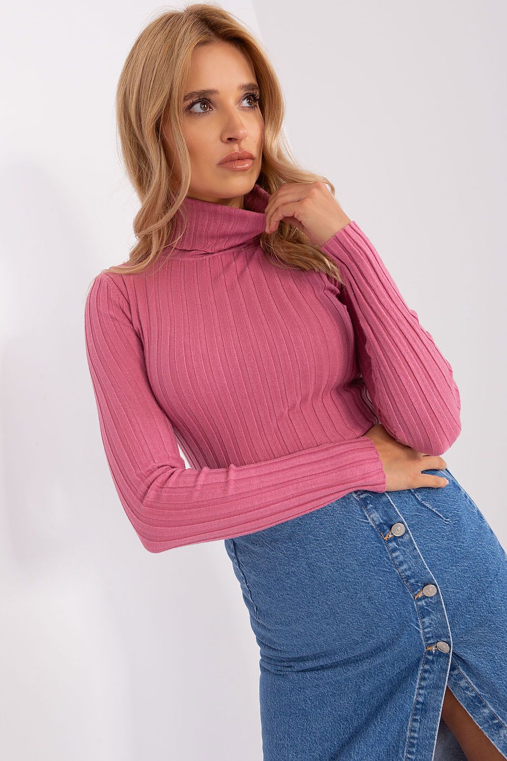 Classic Cut Ribbed Fabric Turtleneck Sweater