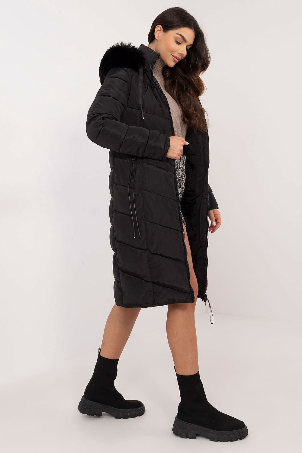 Long Quilted Winter Jacket With Fur