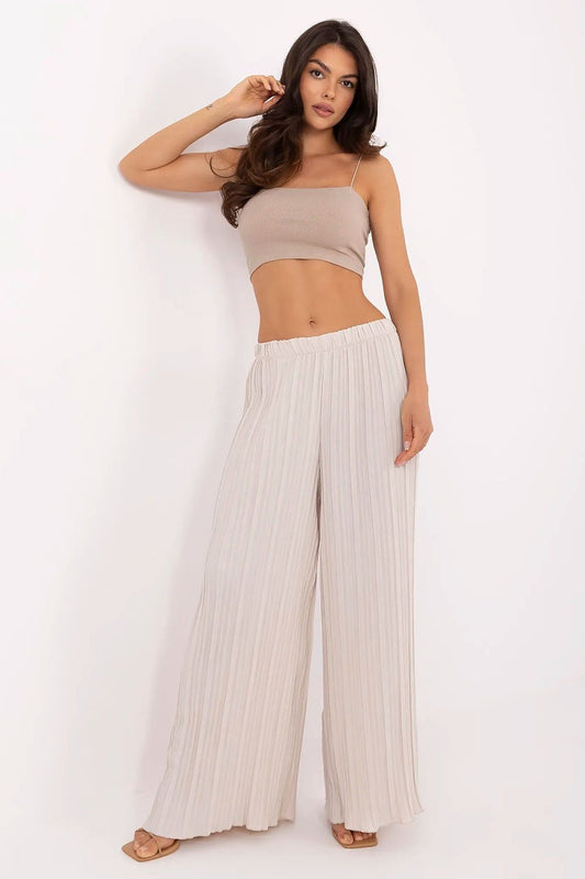 Women’s High-Waisted Wide-Leg Trousers – Textured Fabric, Elastic Waist, Casual Fit  Shop One Place
