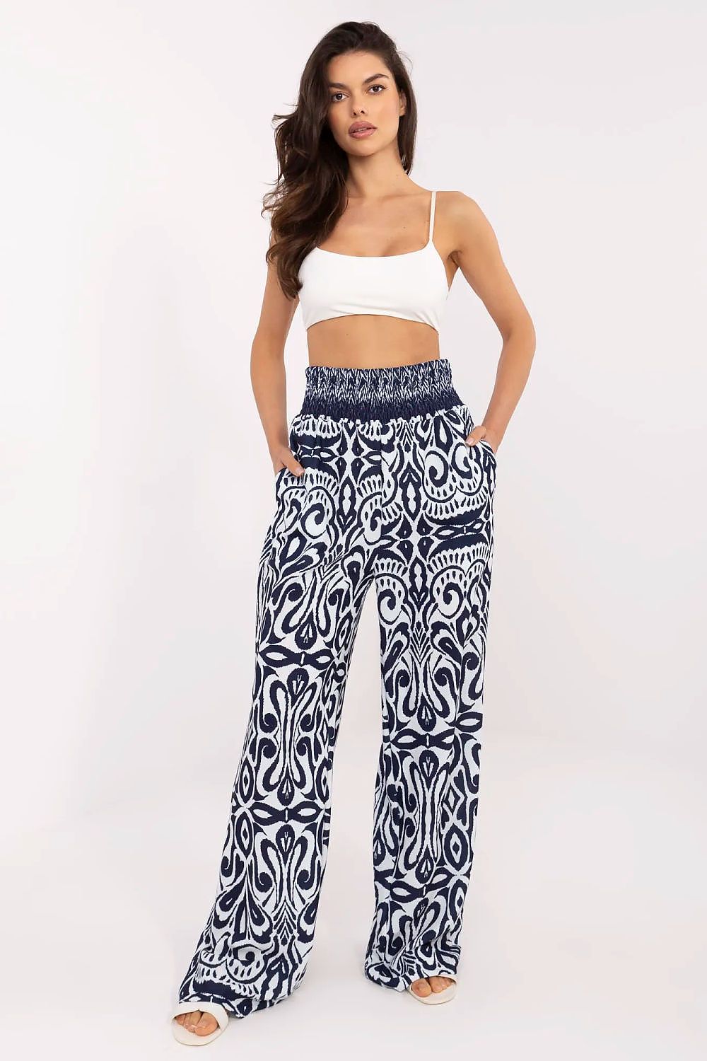 Boho High-Waisted Wide Leg Pants Italy Moda-Navy Blue  Shop One Place