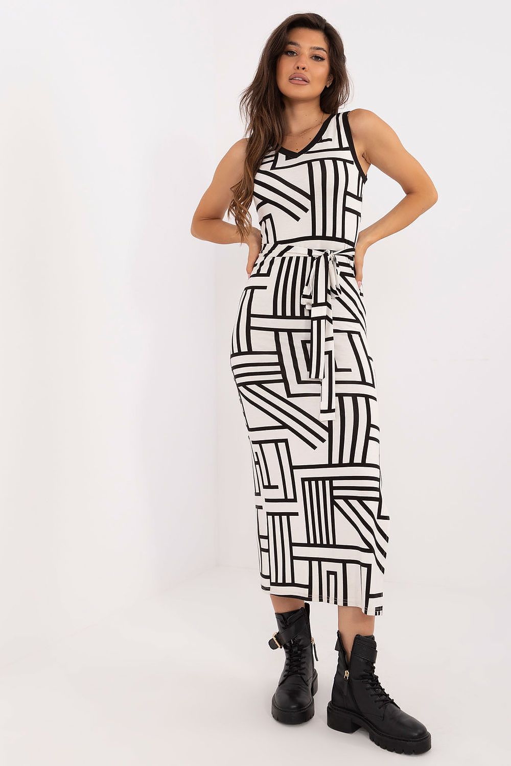 Fitted Sleeveless Midi Dress with Geometric Pattern  Shop One Place
