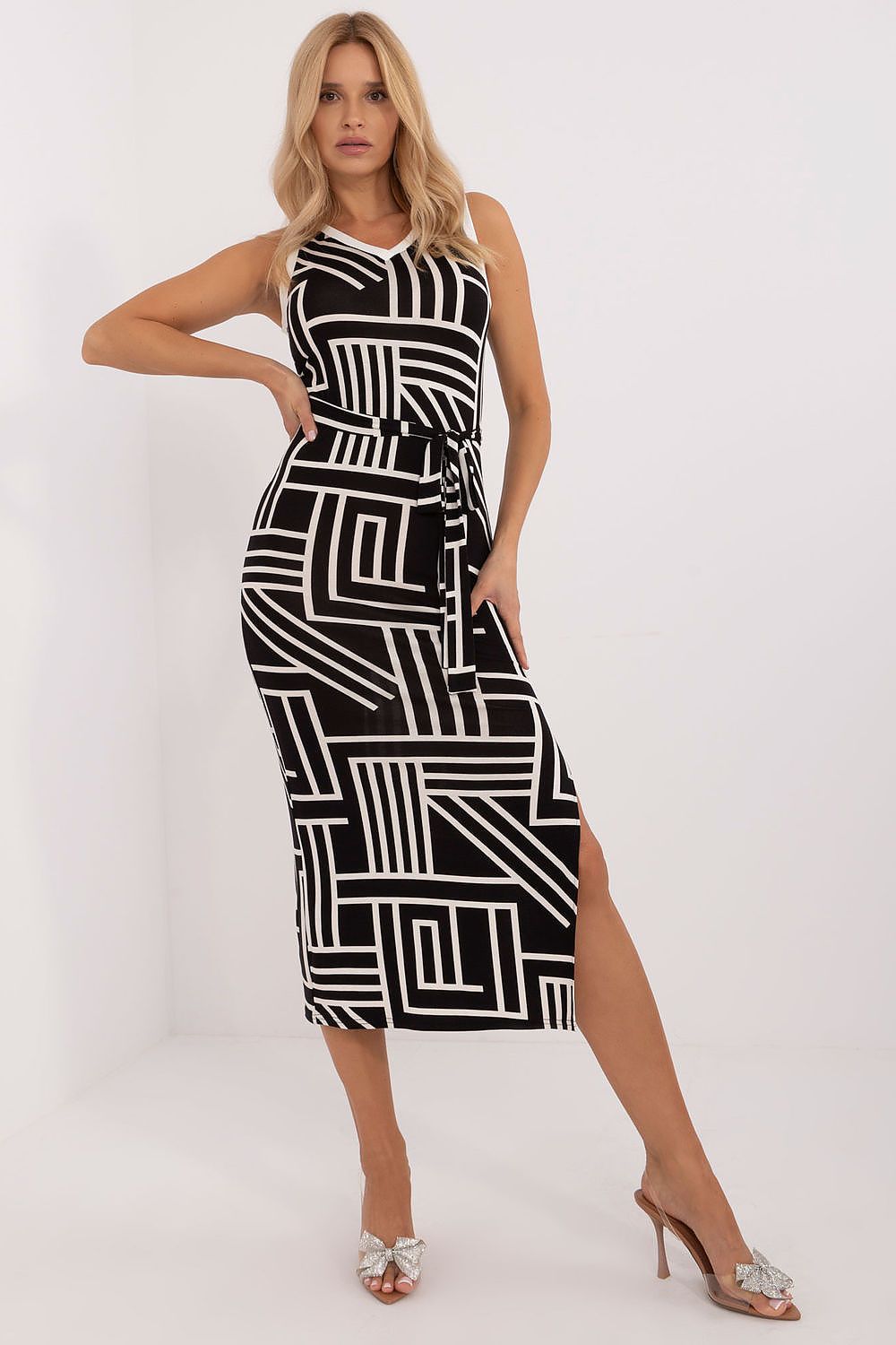 Fitted Sleeveless Midi Dress with Geometric Pattern  Shop One Place