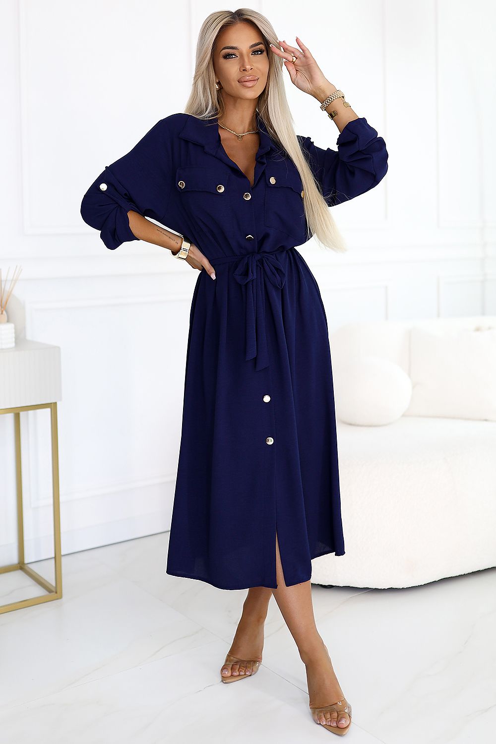 Midi Shirt Dress with Gold Buttons and Tie  Shop One Place
