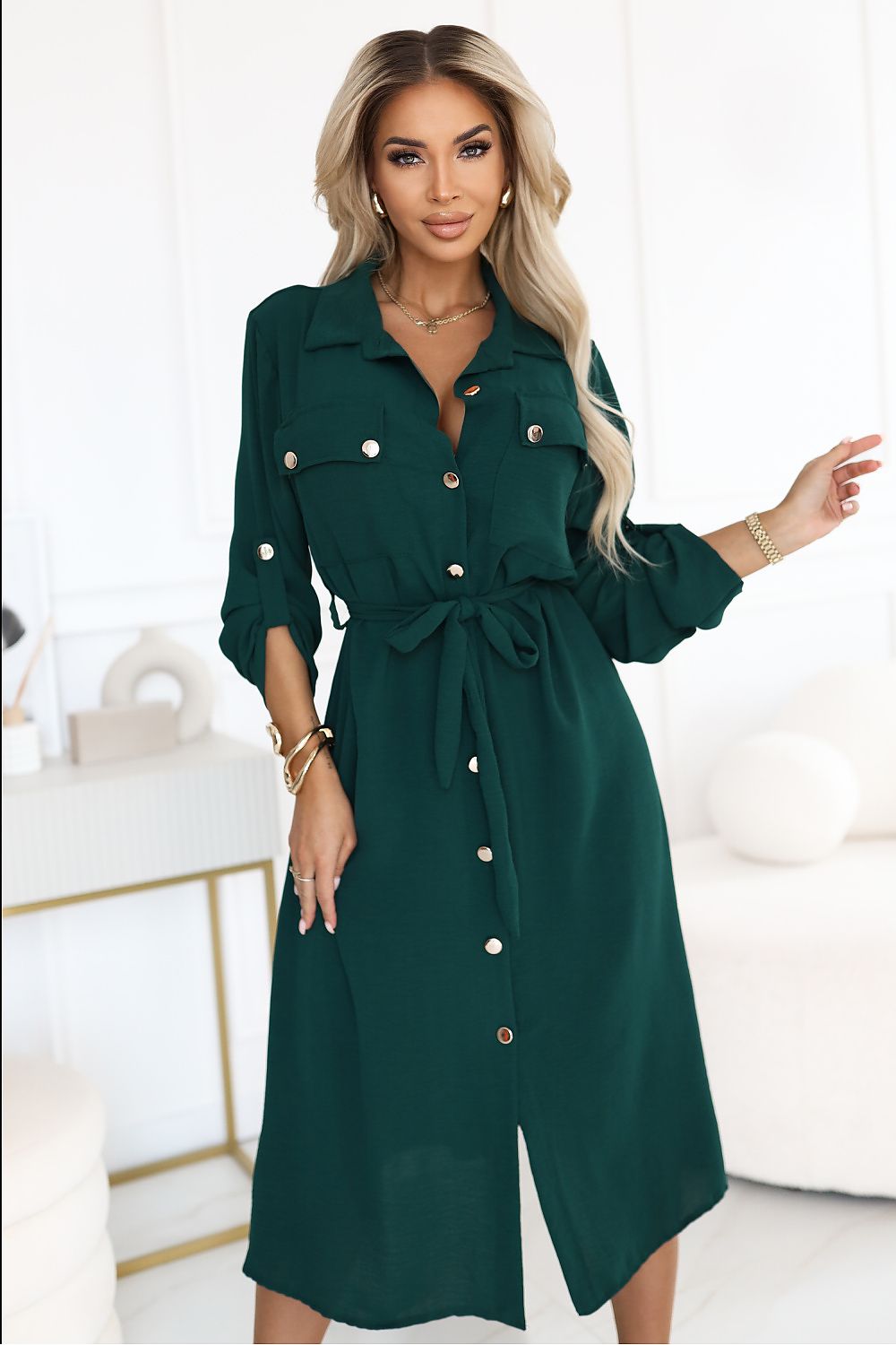 Midi Shirt Dress with Gold Buttons and Tie  Shop One Place