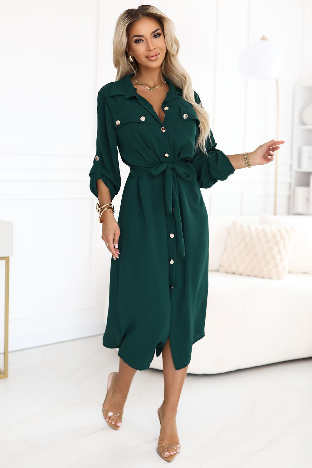 Midi Shirt Dress with Gold Buttons and Tie  Shop One Place