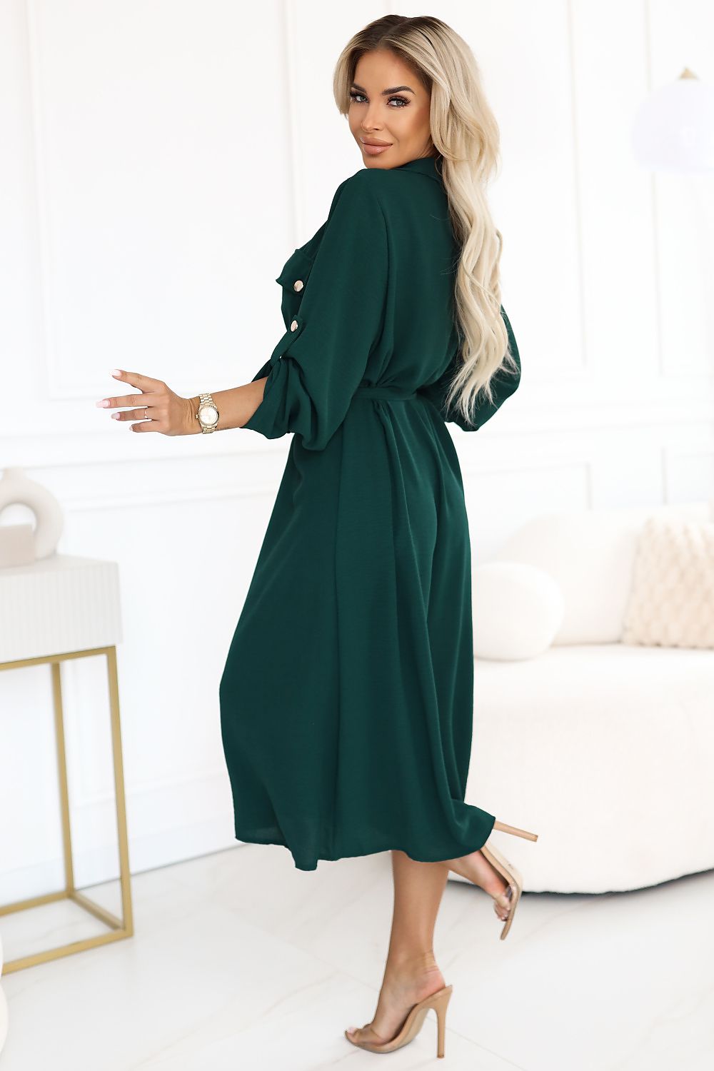 Midi Shirt Dress with Gold Buttons and Tie  Shop One Place