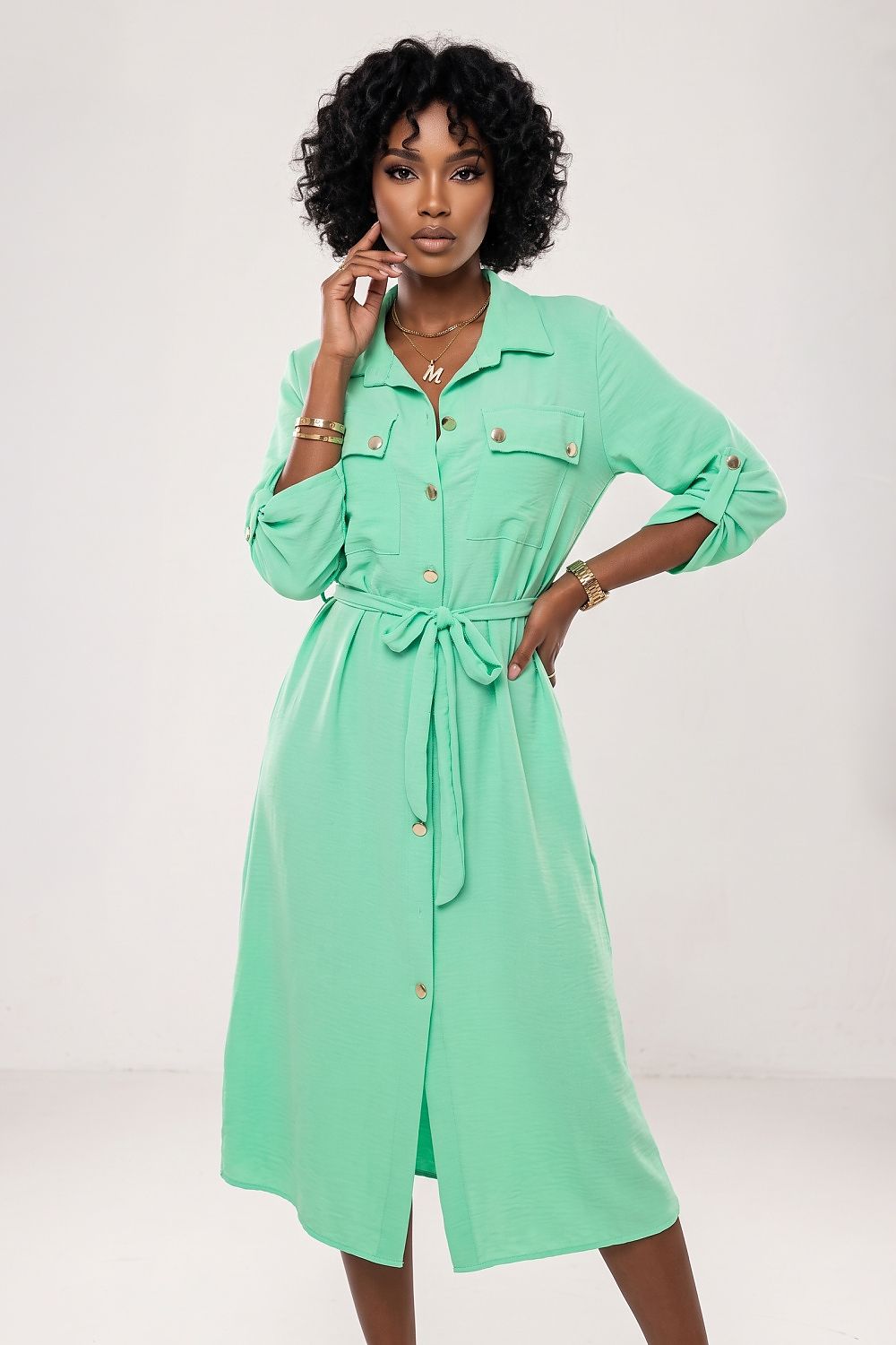 Midi Shirt Dress with Gold Buttons and Tie  Shop One Place