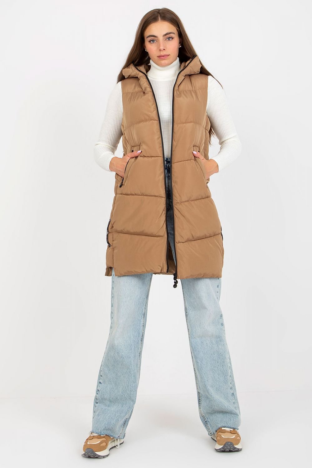 Stylish Down Vest with Hood Side Slip-in Pockets