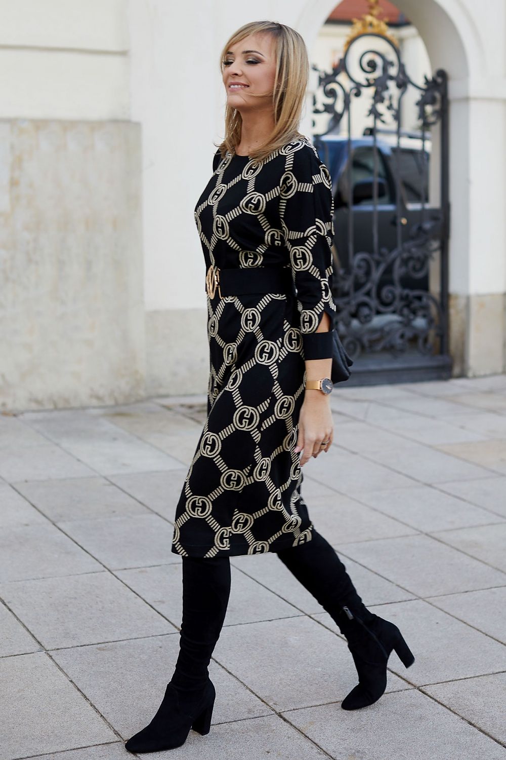 Sophisticated Jacquard Knit Dress with Kimono Top