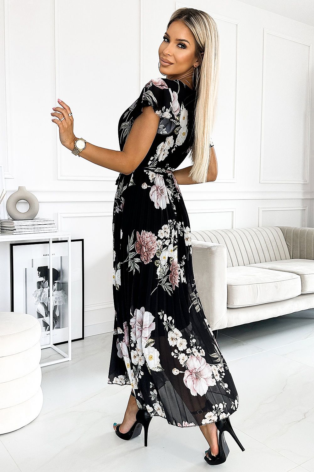 Floral Chiffon Pleated Midi Dress