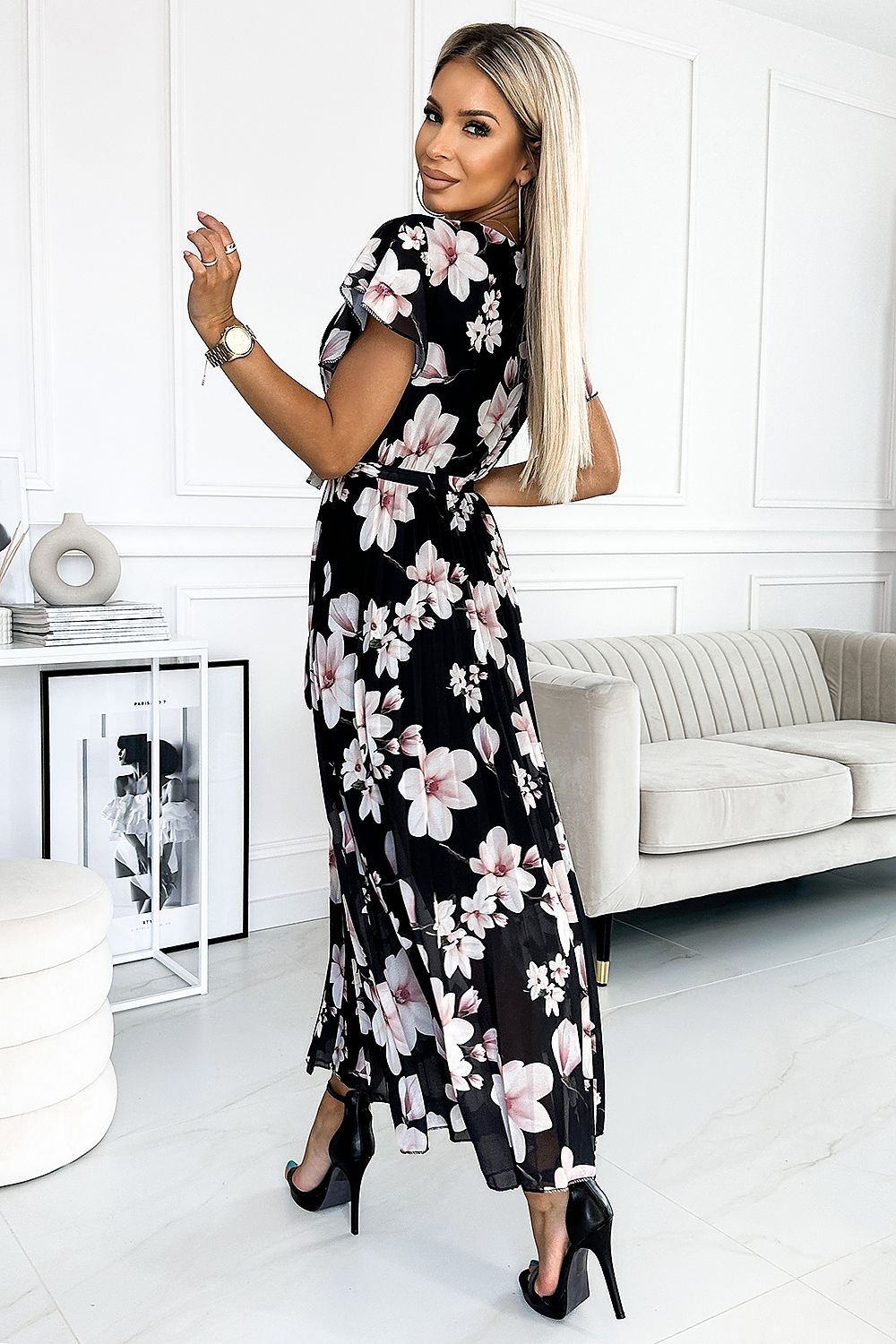 Floral Chiffon Pleated Midi Dress