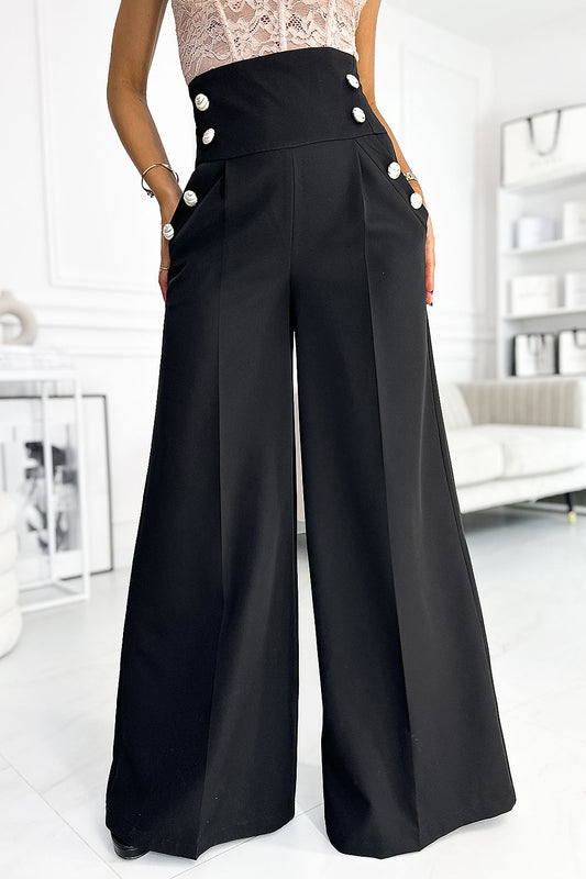 Elegant wide pants with high waist and golden buttons