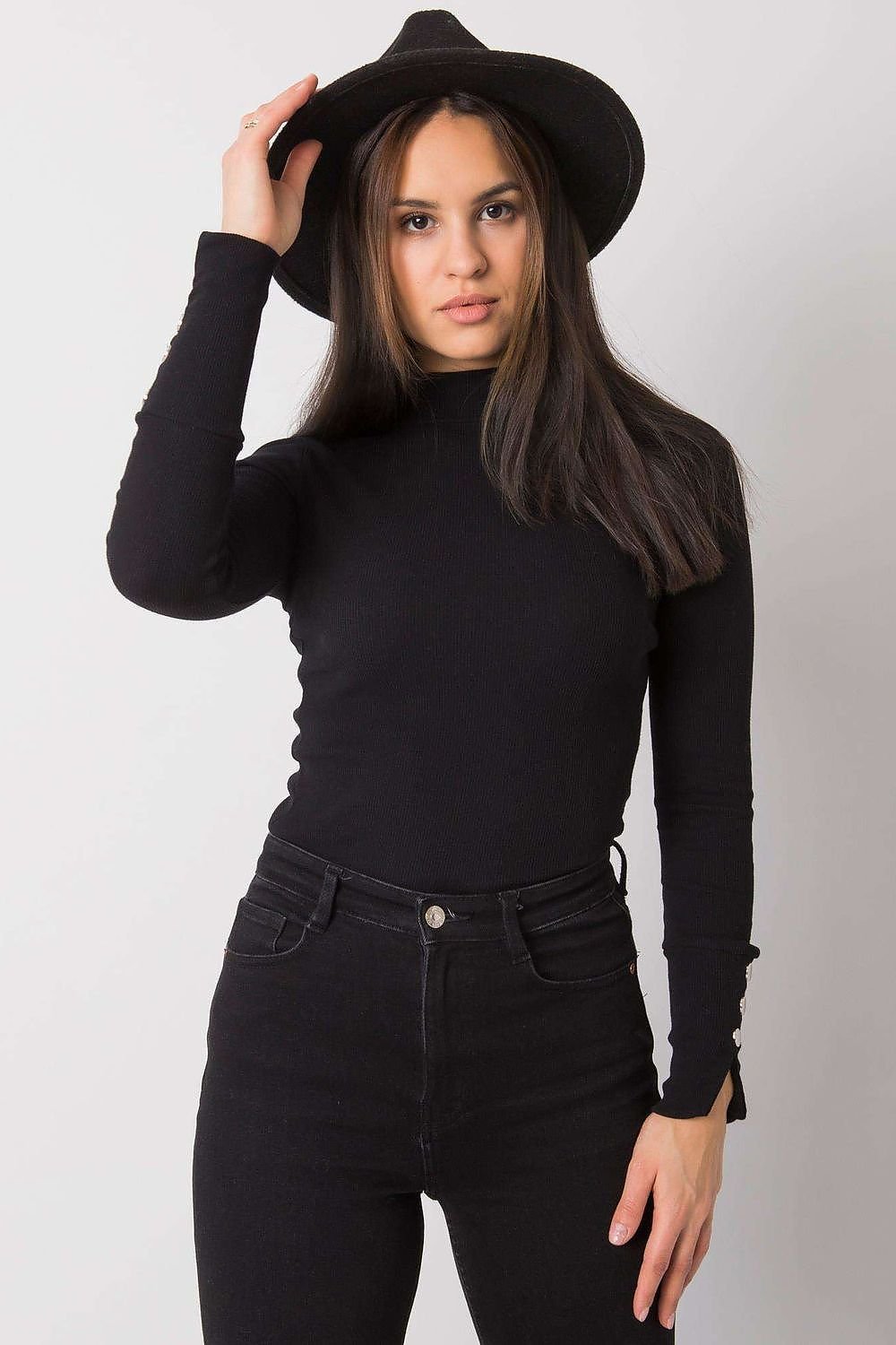 Rue Paris Mock Turtleneck Decorative Button Sleeve Blouse