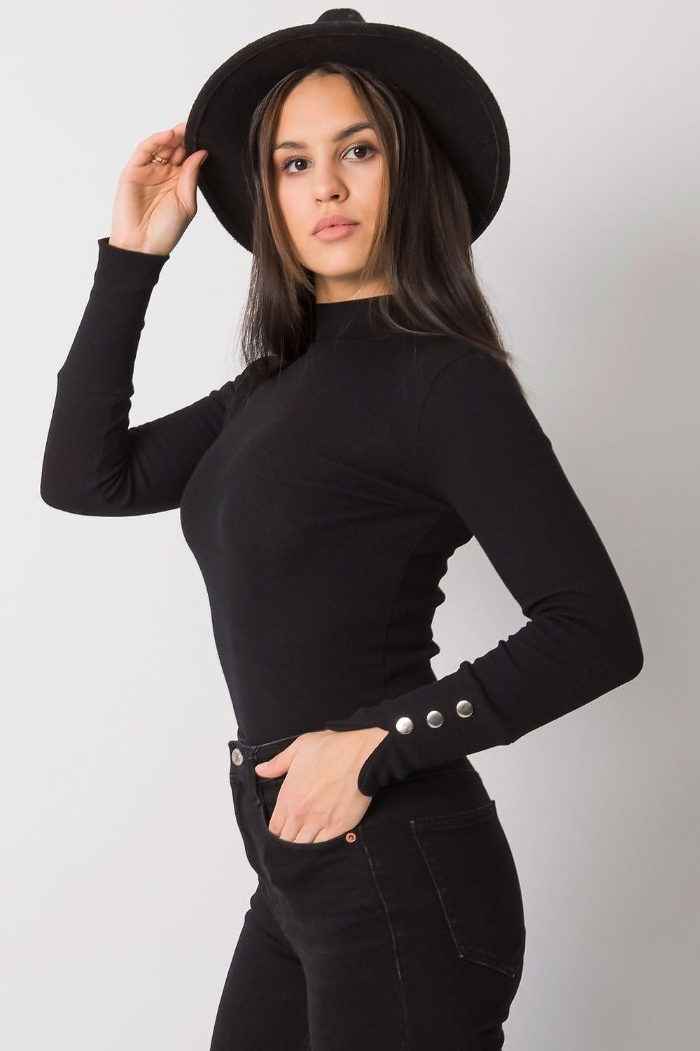 Rue Paris Mock Turtleneck Decorative Button Sleeve Blouse