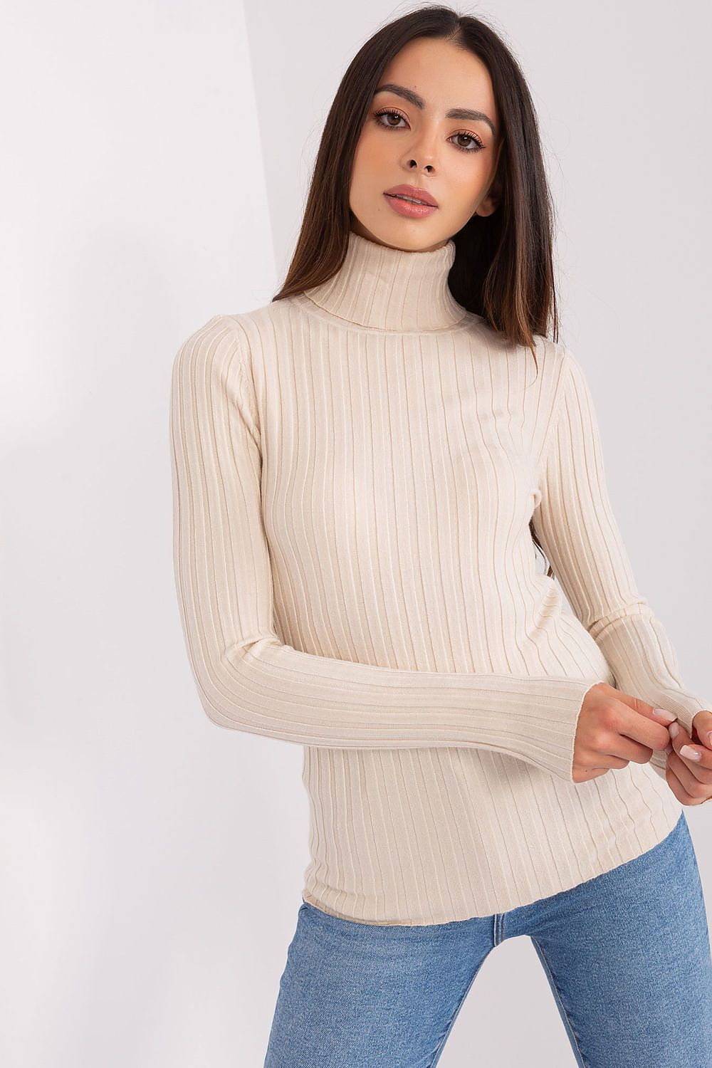 Classic Cut Ribbed Fabric Turtleneck Sweater