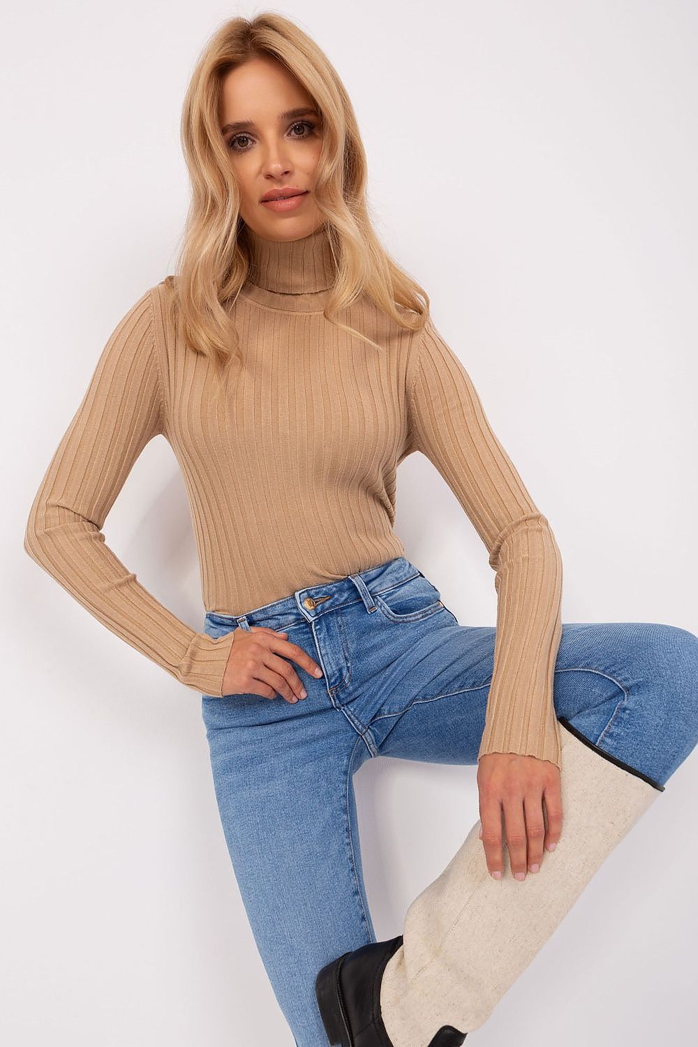 Classic Cut Ribbed Fabric Turtleneck Sweater