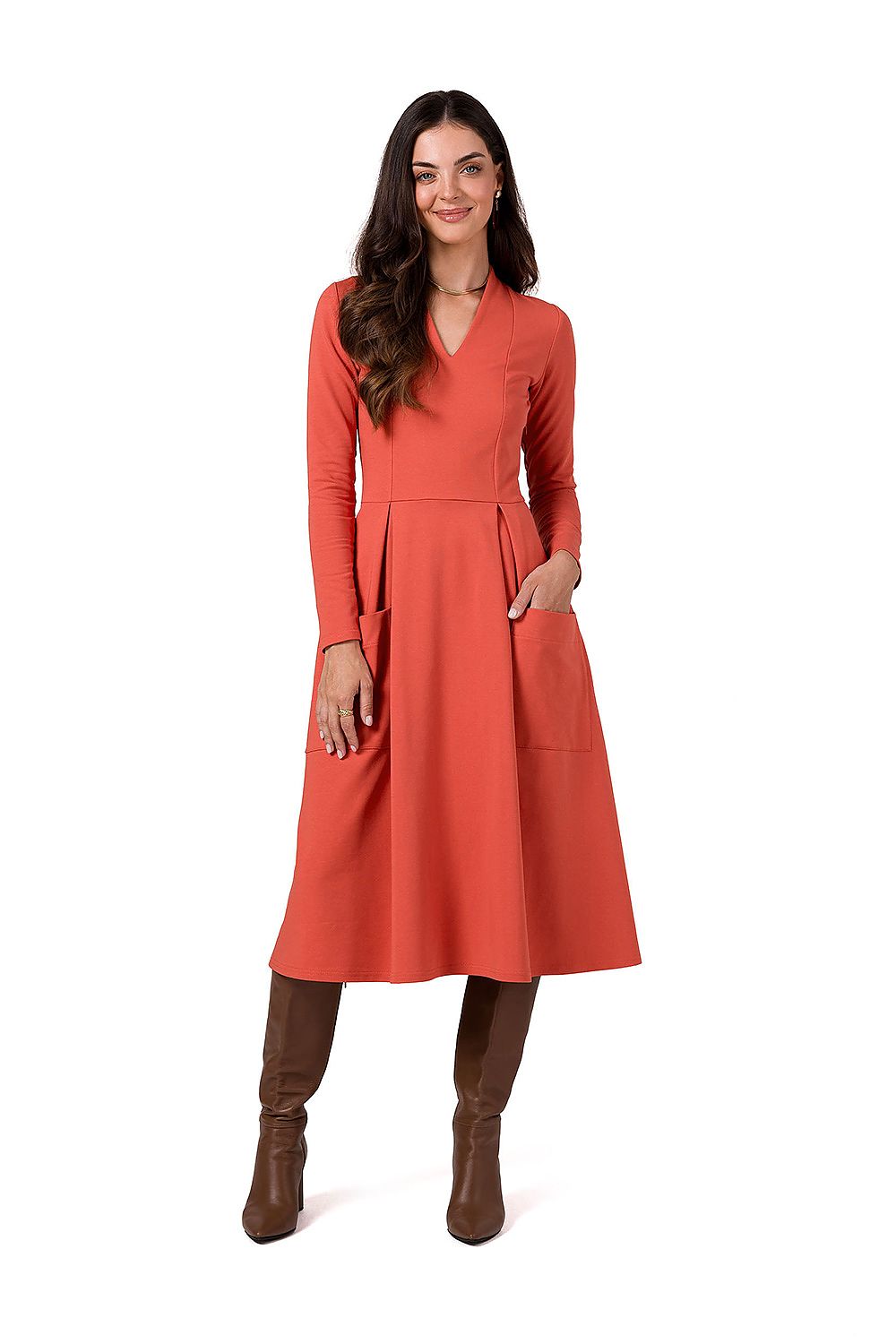 Fitted V-Neck Dress with Wide Pleated Skirt and Patch Pocket