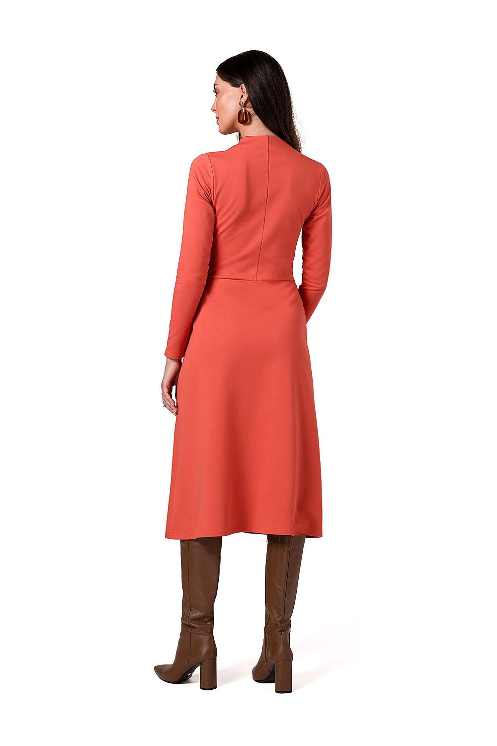 Fitted V-Neck Dress with Wide Pleated Skirt and Patch Pocket