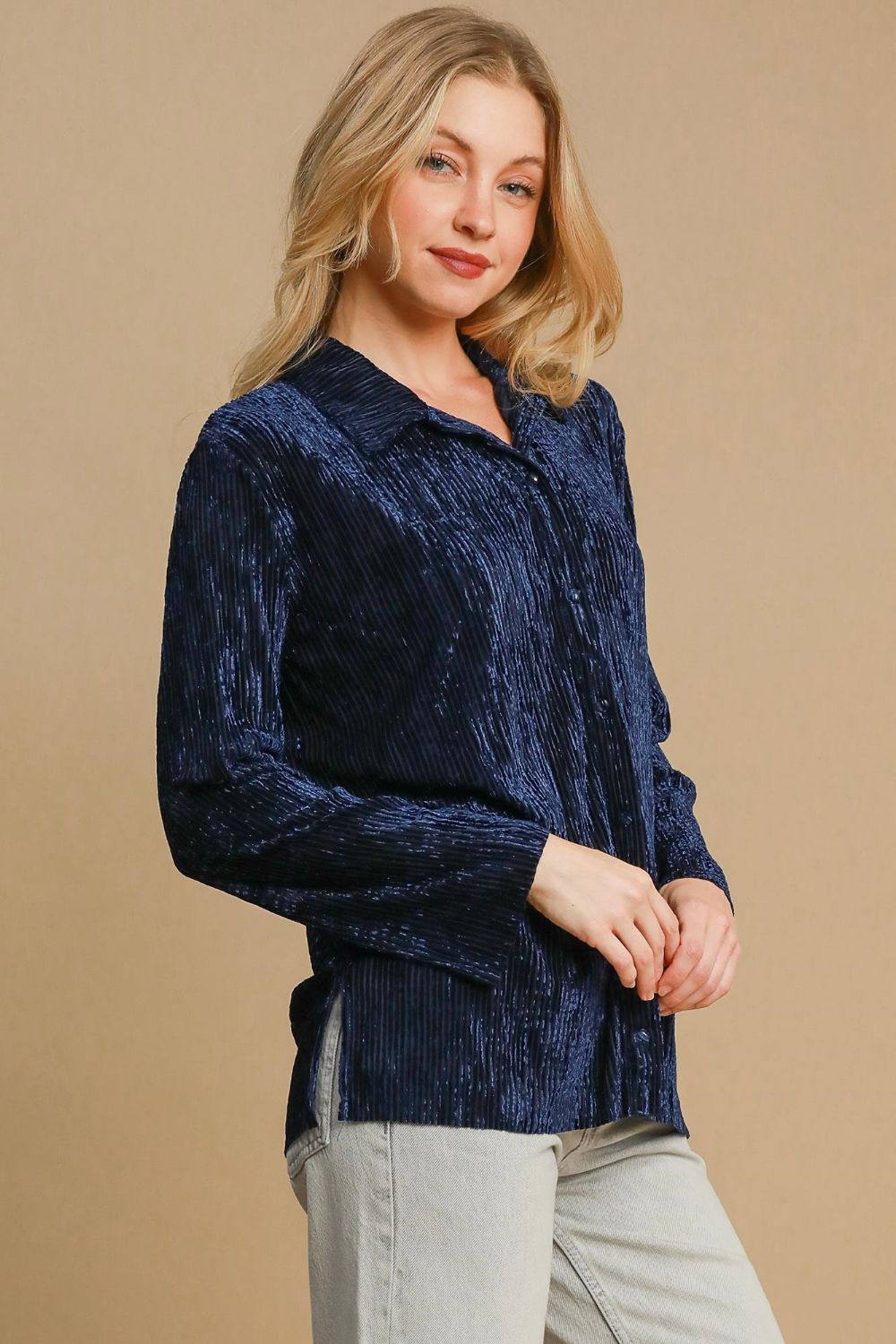 Umgee Side Slit Texture Button Up Shirt  Shop One Place