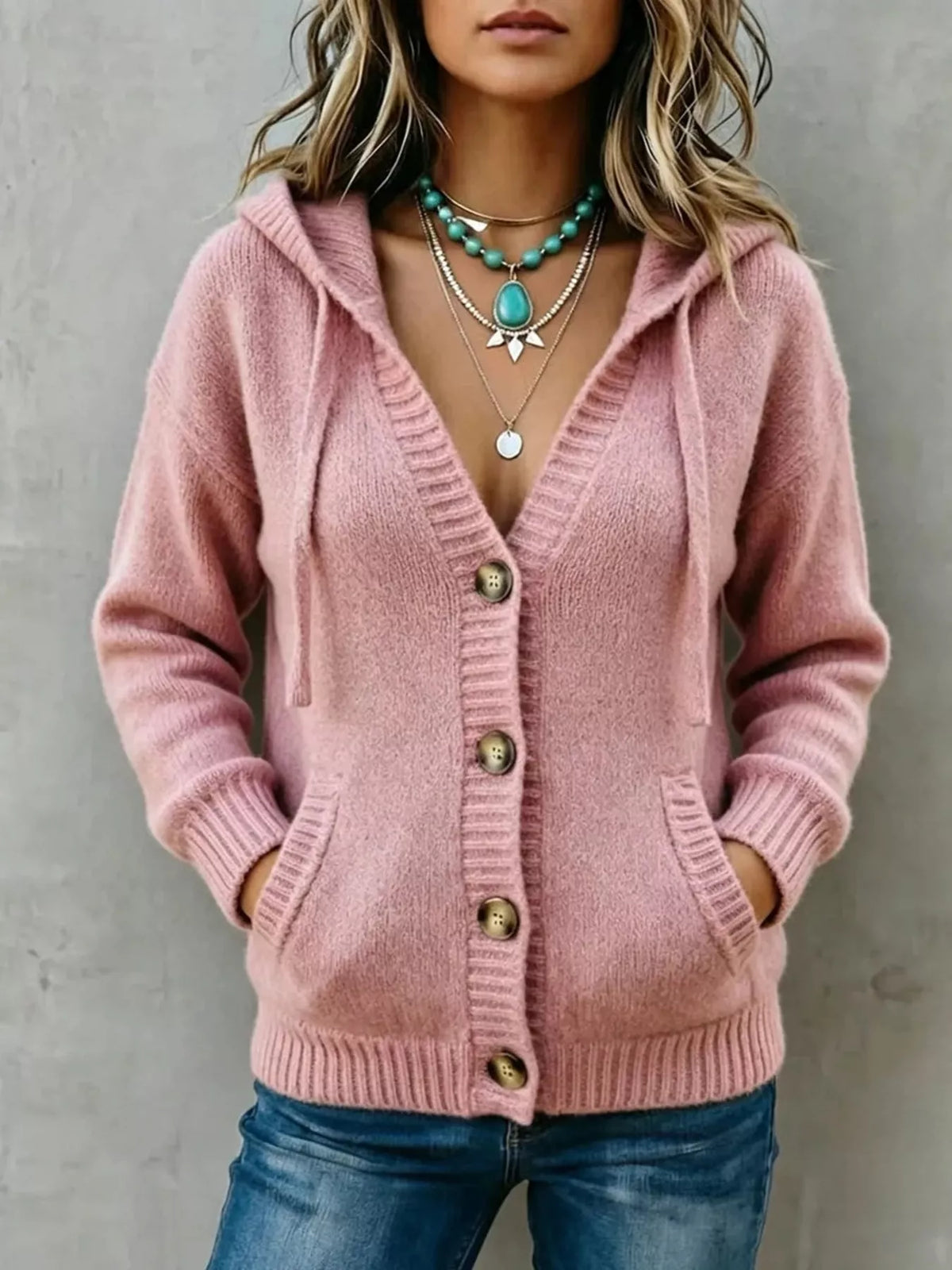 Hooded Button-Down Knit Cardigan with Pockets  Shop One Place