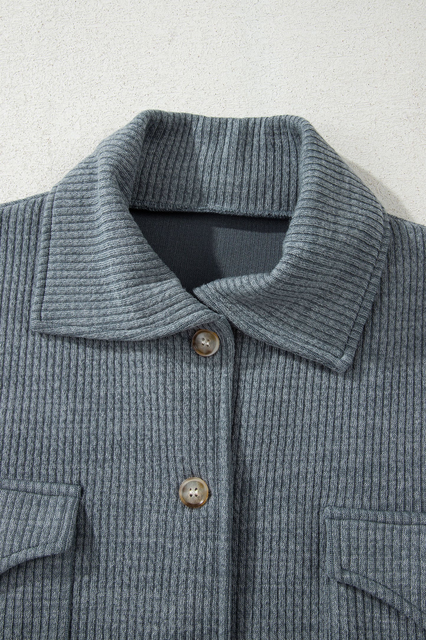 Ribbed Knit Buttons Front Flap Pocket Casual Shacket