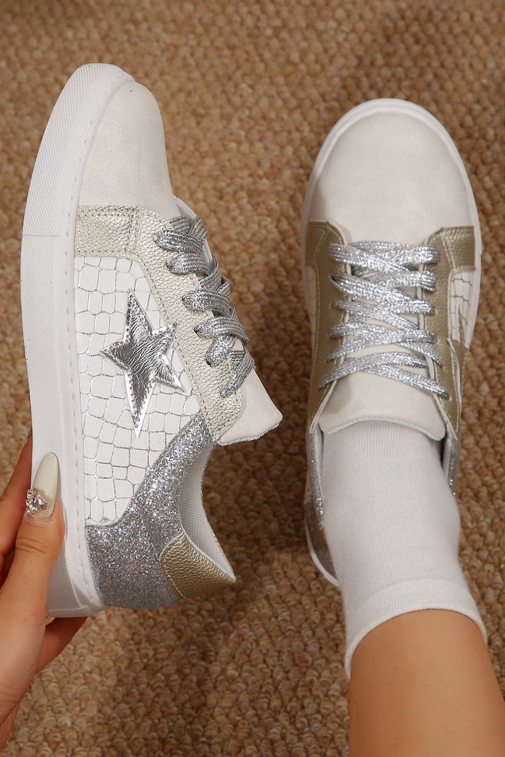 Gold Glitter Star Patchwork PU Leather Lace-up Sneakers  Shop One Place