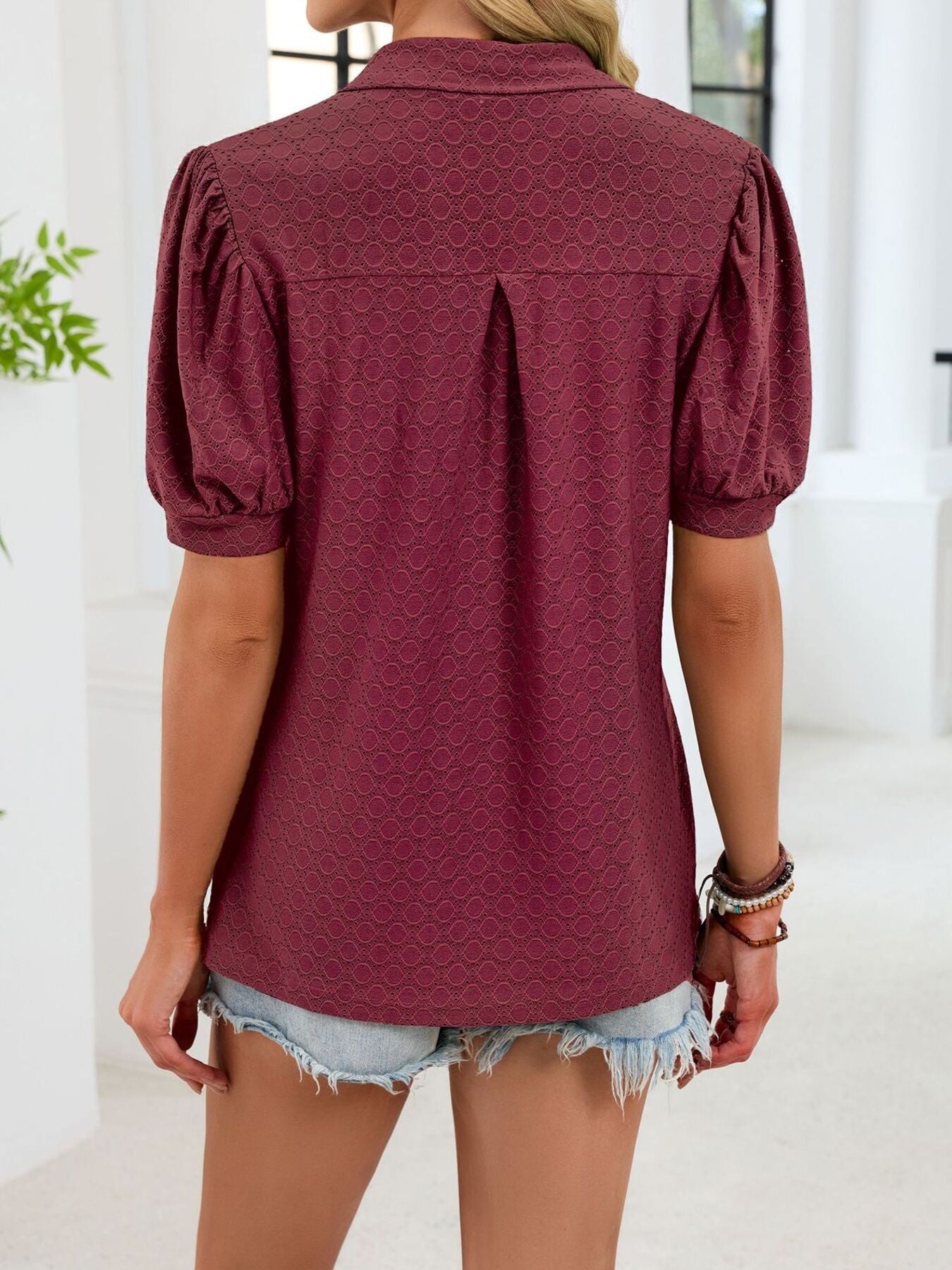 Eyelet Johnny Collar Puff Sleeve Top  Shop One Place