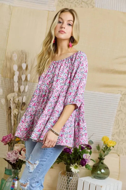 ADORA Elasticized Round Necking Floral Print Tunic Top  Shop One Place
