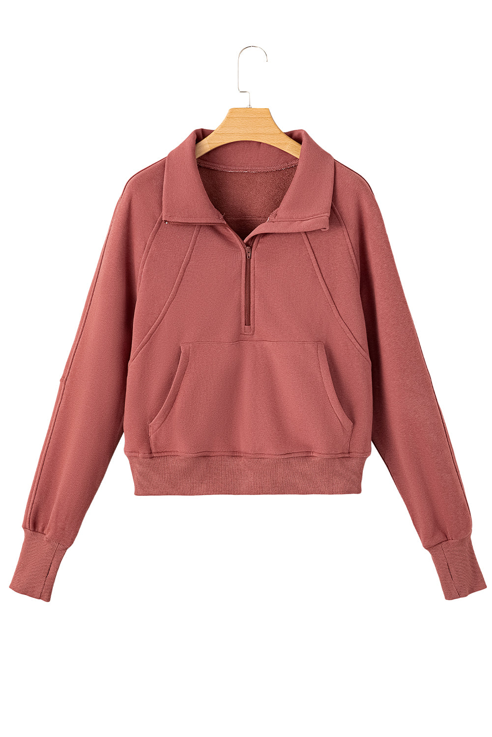 Zip Up Stand Collar Ribbed Thumbhole Sleeve Sweatshirt