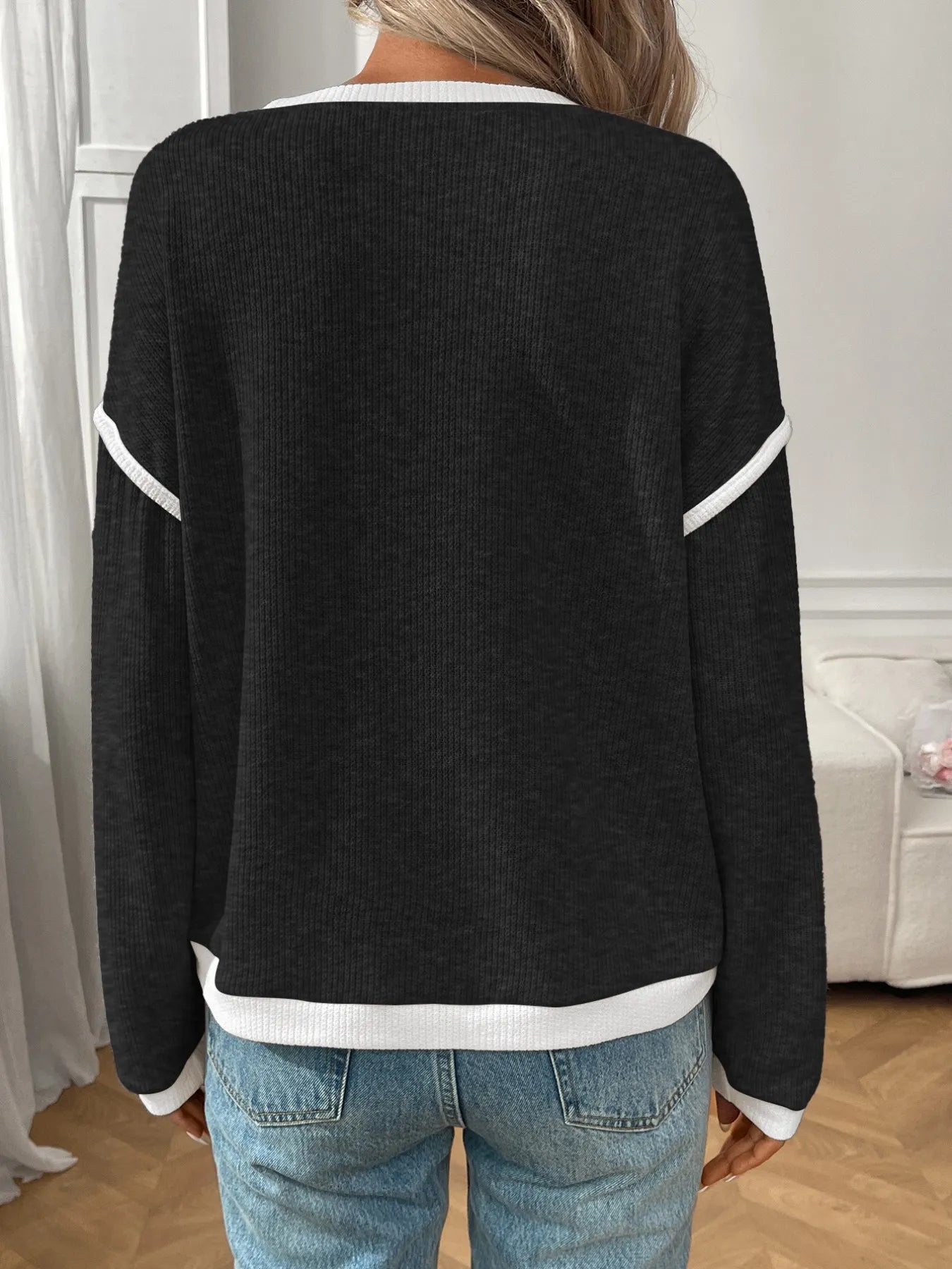 Ribbed Contrast Trim Long Sleeve Top  Shop One Place