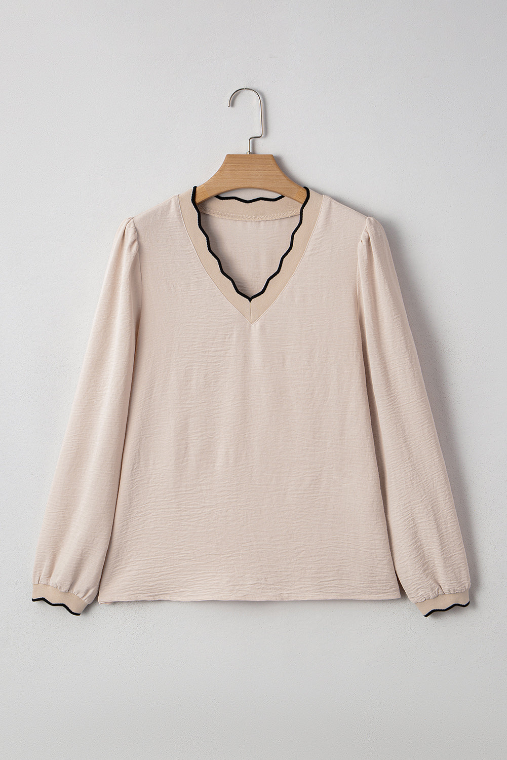 Jet Stream Contrast Scallop Trim V Neck Long Sleeve Top  Shop One Place