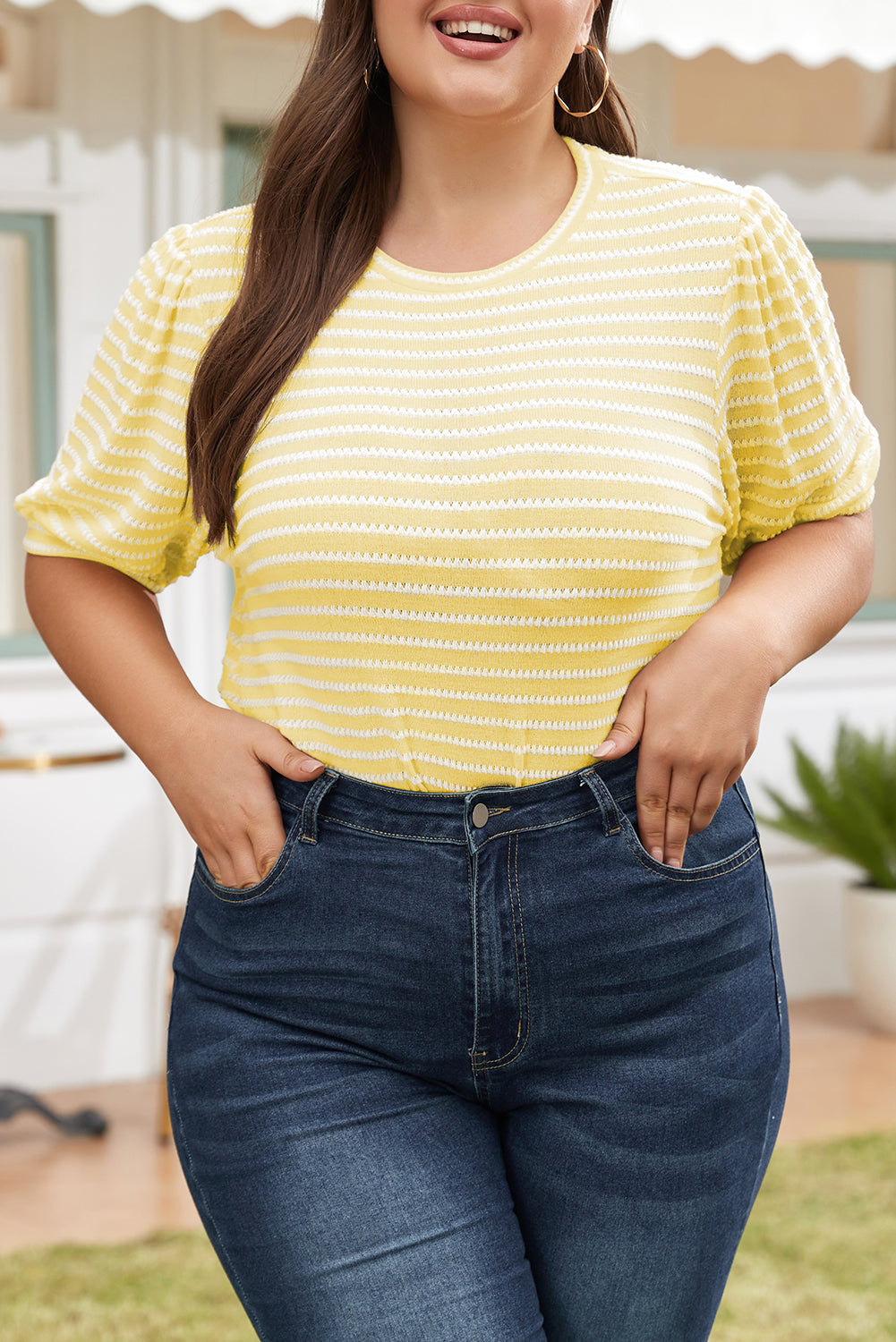 Yellow Stripe Short Puff Sleeve Plus Size Top