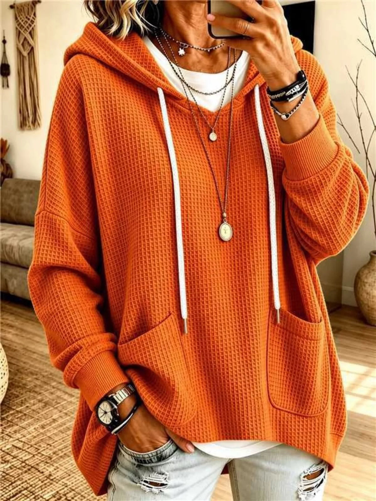 Women's Waffle Knit Hoodie with Pockets – view 6